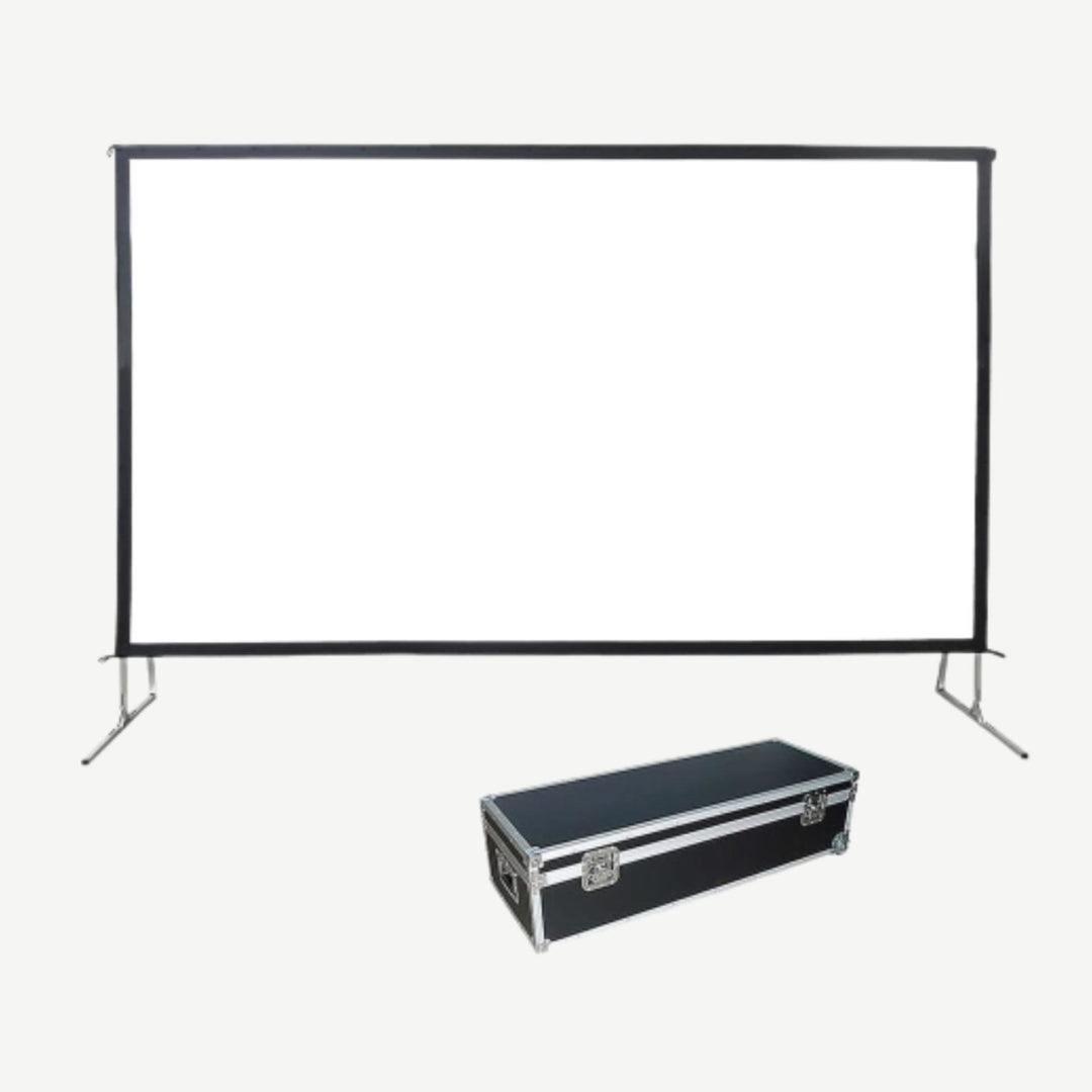 Front view of 150″ 16:9 fast fold projector screen, front & rear - SimplyForest.com