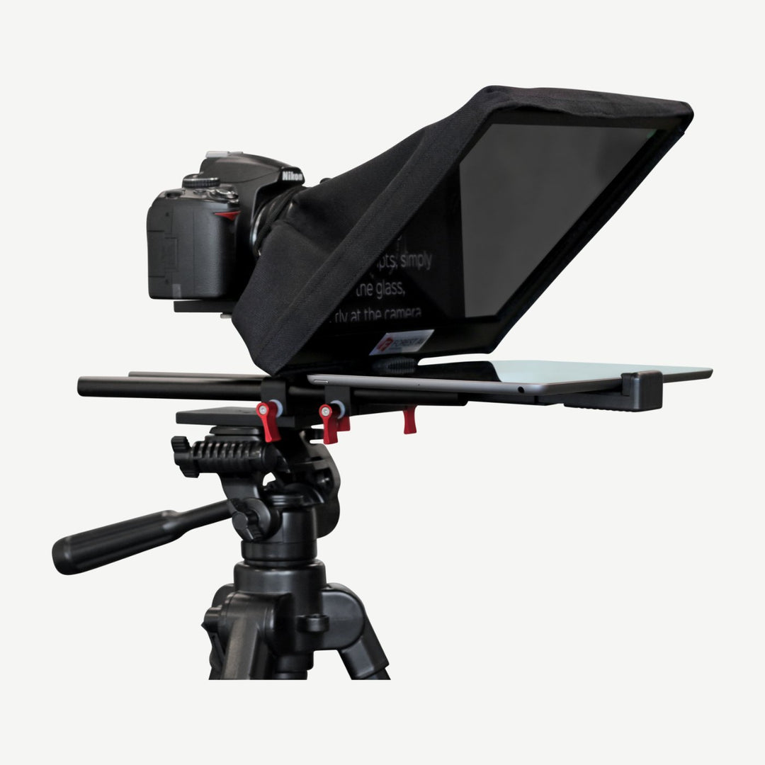 Front view of DS200 iPad teleprompter kit with 15mm rail rods on a tripod with camera and tablet - SimplyForest.com