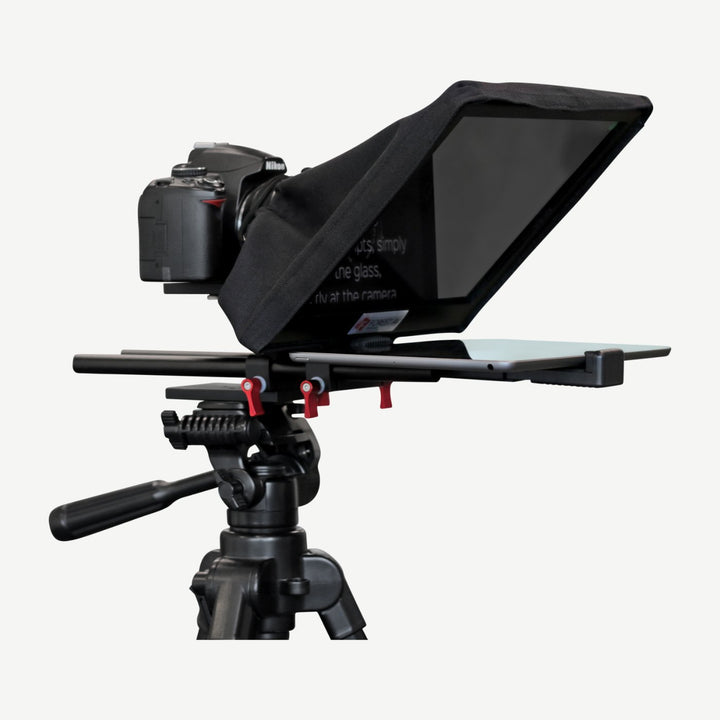 Front view of DS200 iPad teleprompter kit with 15mm rail rods on a tripod with camera and tablet - SimplyForest.com