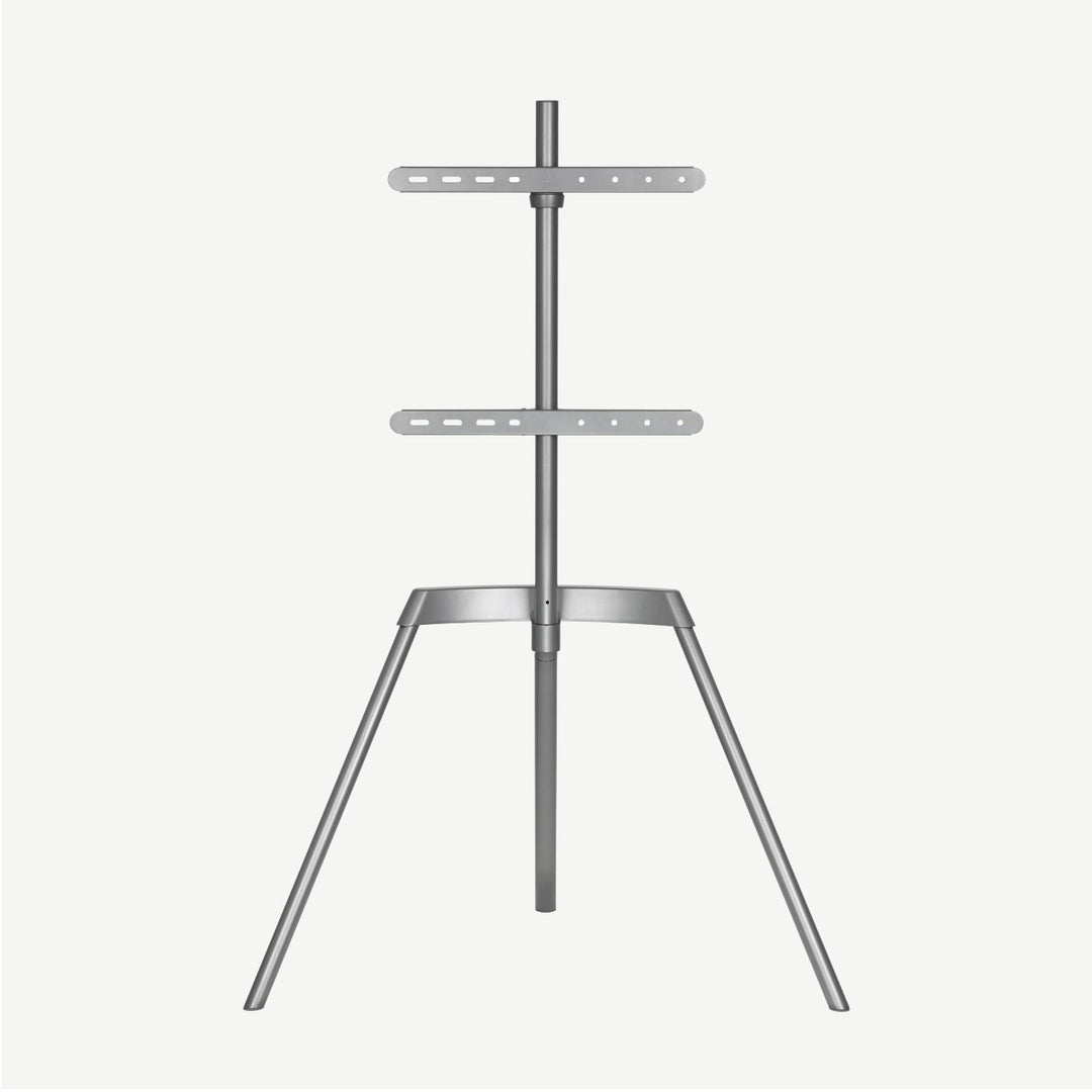 Front view of grey Nova easel tripod TV stand for 43″ to 65″ TVs - SimplyForest.com