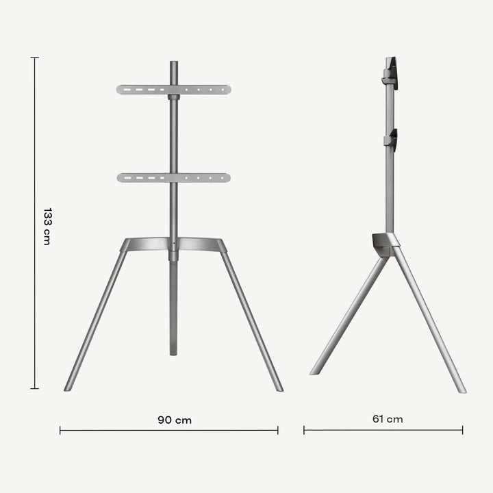 Grey Nova easel tripod TV stand for 43″ to 65″ TVs measurement diagram- SimplyForest.com