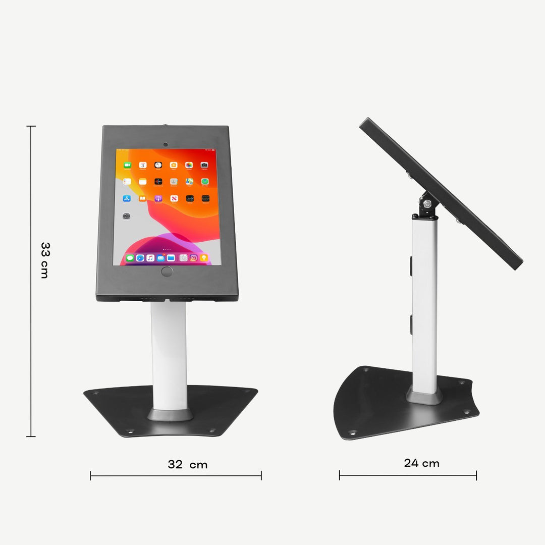 Secure 10.2" iPad counter stand showing sizes with front and side view - SimplyForest.com