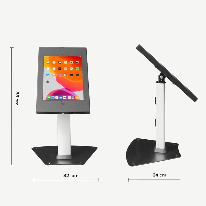 Secure 10.2" iPad counter stand showing sizes with front and side view - SimplyForest.com